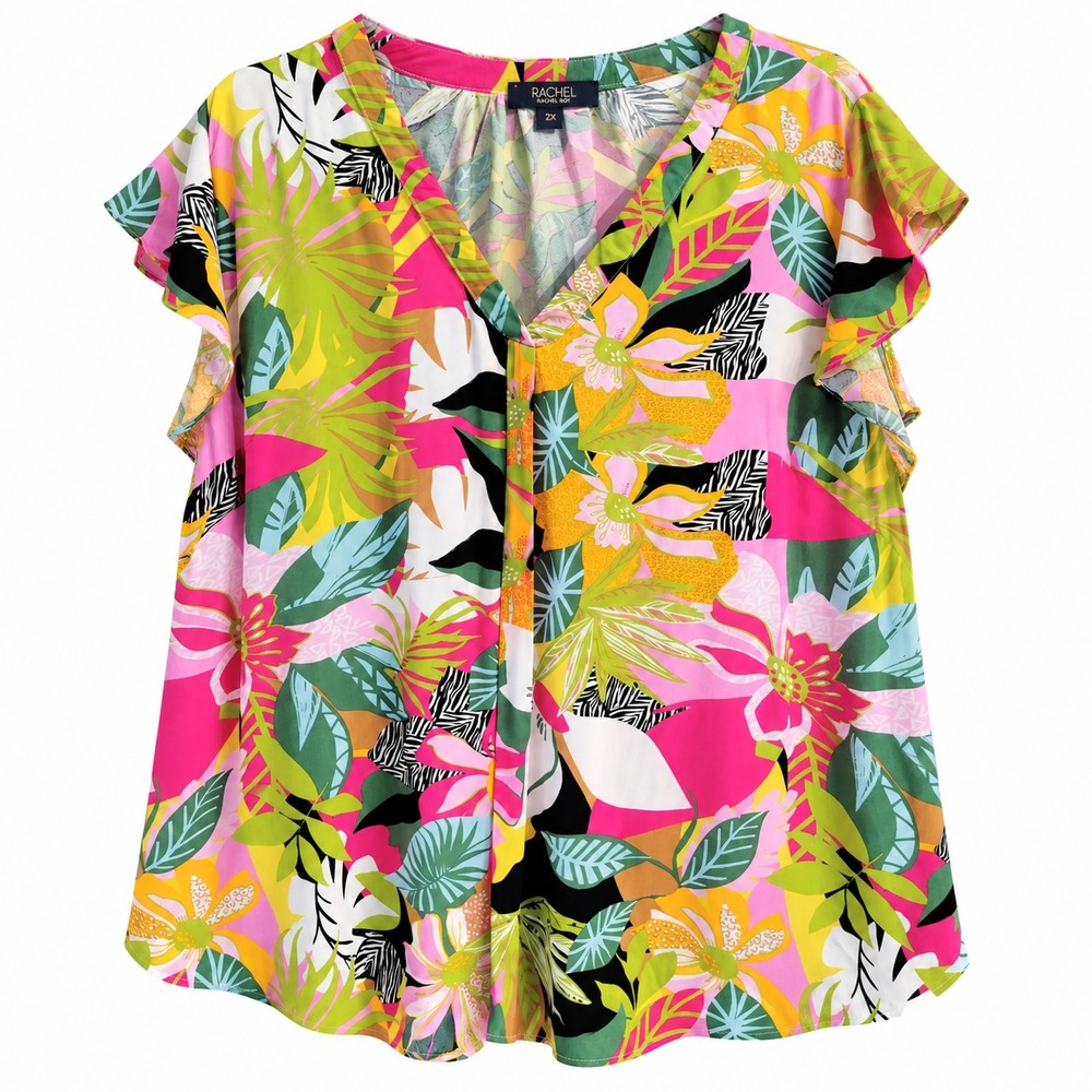 RACHEL Rachel Roy Blouse Womens 2X Tropical Floral Pink V Neck Rayon Plus Size